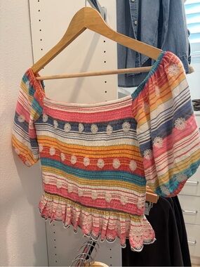 Tularosa Multicolor Striped Smocked Off-Shoulder Crop Top